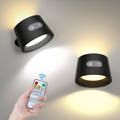 YAMYONE 2 Packung LED Wandleuchte Kabellose mit 2600mAh Akku, Fernbedienung Touch-Steuerung, 2 Seitenlichter 3 Farben Stufenloses, 360°Drehbare Wandleuchten für Schlafzimmer Innenwandlampe von YAMYONE