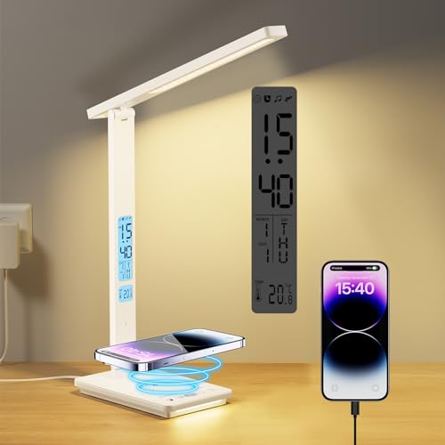 YAMYONE LED Schreibtischlampe mit Drahtlosem Ladegerät & USB-Ladeanschluss, Schreibtischleuchte 5 Farben Hell Dimmbar mit 2 Nachtlicht Schlafzimme, LCD Bildschirm Uhr Temperatur für Büro Studium von YAMYONE