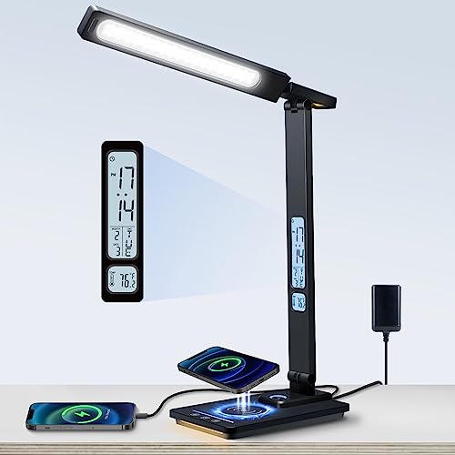 YAMYONE LED Schreibtischlampe mit Drahtlosem Ladegerät und USB-Ladeanschluss, 5 Farben 5 Helligkeit Dimmable Eye-Caring Tisch Schreibtisch mit Nachtlicht, LCD Bildschirm Uhr Temperatur Tischlampe von YAMYONE