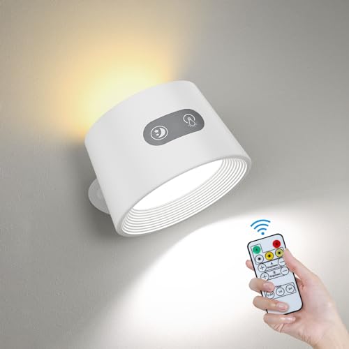 YAMYONE LED Wandleuchte Kabellose mit 2600mAh Akku, Fernbedienung Touch-Steuerung, 2 Seitenlichter 3 Farben Stufenloses, 360°Drehbare Wandleuchten für Schlafzimmer Innenwandlampe (1 Packung-Weiß) von YAMYONE