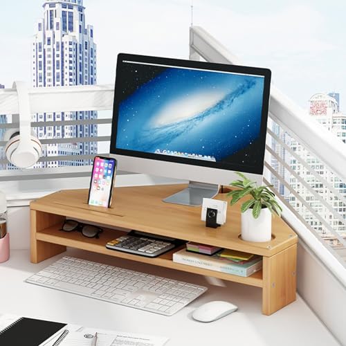 YANBI Eck MonitorstäNder Dreieck Schreibtisch Monitor Riser Double-Layer, Computermonitor-Eckregal Tischplattenhalter mit 2 Schlitzen, Platzsparende Bildschirmablage Aus Holz (Color : Natural) von YANBI