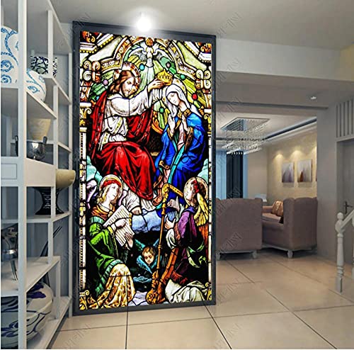 Tür Folie Jesus Und Die Jungfrau, Kirchenfenster Tapete Fototapete Türtapete Selbstklebend Türposter Hält Die Folie 77X200Cm von YANCONG