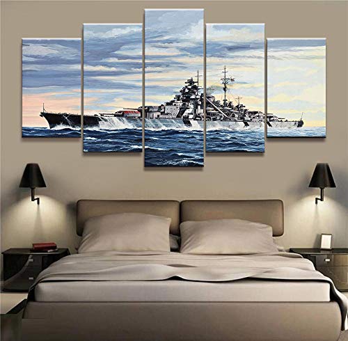 YANCONG Bilder 5 Teilig Fotodruck Gemälde Schlachtschiff Bismarck Kriegswaffe Leinwand Wandkunst 150X80Cm(B) von YANCONG