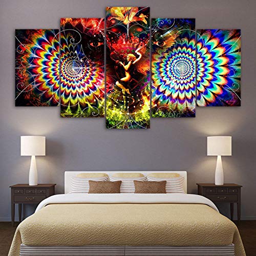 YANCONG Leinwandbilder 150X80Cm(A) Mädchen Im Psychedelischen Raum Wandbilder Bilder Restaurant Cafe Küchen Dekoration 5 Teilig Fertig Zum Aufhängen von YANCONG