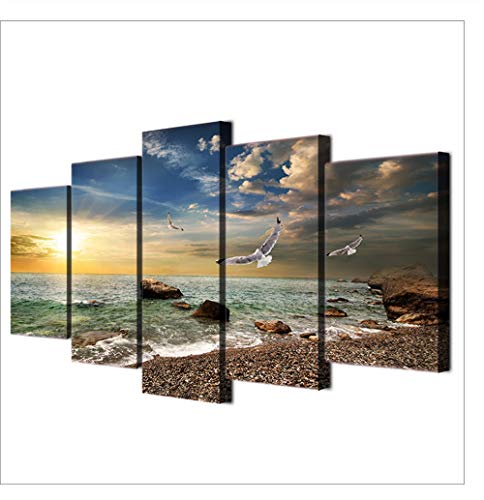 YANCONG Leinwandbilder Wohnzimmer 150X80Cm(A) Strandbilder, Sonnenuntergang Möwe Kunstdrucke Wandbild Restaurant Cafe Küchen Dekoration 5 Teilig von YANCONG