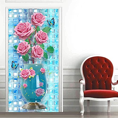 YANCONG Türfolie Selbstklebend 3D Rose Blume Glaskristallvase Fototapete Türfolie Poster Tapete Türtapete Fototapete 88X200Cm von YANCONG