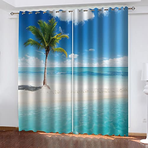 Kinder Gardinen Kinderzimmer Junge Mädchen Blickdicht Strand Kokospalme Meerblick 140X160Cm 2Er Set Verdunkelungsvorhang Thermovorhang Hitzeschutz Vorhänge Wohnzimmer Schlafzimmer Vorhänge Mit Ösen von YANGLD