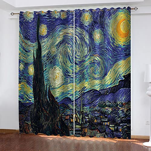Vorhang Blickdicht Ösen Kinderzimmer Jungen Mädchen Ölgemälde Blauer Sternenhimmel Motiv 234X230Cm Verdunklungsvorhänge Wohnzimmer Schlafzimmer Thermovorhang Hitzeschutz 2Er Set Fenstergardinen von YANGLD