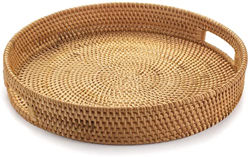 Rattan Rundes Serviertablett, Gewebtes Serviertablett mit Ausgeschnittenen Griffen, Obst/Brot Servierkorb, 30 cm von YANGQIHOME