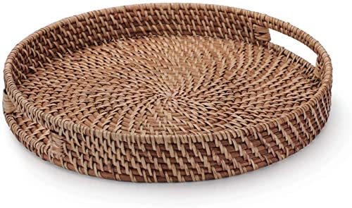 YANGQIHOME Rattan Rundes Serviertablett, Gewebtes Serviertablett mit Ausgeschnittenen Griffen (28 cm) von YANGQIHOME