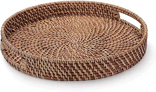 YANGQIHOME Rattan Rundes Serviertablett, Gewebtes Serviertablett mit Ausgeschnittenen Griffen (34 cm) von YANGQIHOME