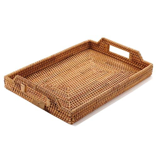 Rattan Serviertablett mit Griffen, Rechteckiges Tablett aus Rattan zum Frühstück, Getränken, Snacks zum Essen/Couchtisch (37 cm) von YANGQIHOME