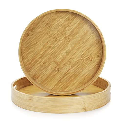 YANGQIHOME Rundes Bambustablett, Serviertablett aus Holz mit Griffen, natürliches Holztablett für Küche/Couchtisch, 2er-Set von YANGQIHOME