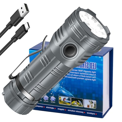 LED Taschenlampe Extrem Hell Type-C Aufladbar Taschenlampe 500000 Lumen, 8 Beleuchtungsmodi, 8*LED Wasserdicht Taktische Handheld klein Taschenlampe für Outdoor Wandern Notfälle Camping (Grau) von YANGTAI