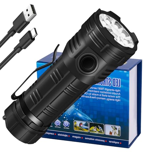 LED Taschenlampe Extrem Hell Type-C Aufladbar Taschenlampe 500000 Lumen, 8 Beleuchtungsmodi, 8*LED Wasserdicht Taktische Handheld klein Taschenlampe für Outdoor Wandern Notfälle Camping (Schwarz) von YANGTAI