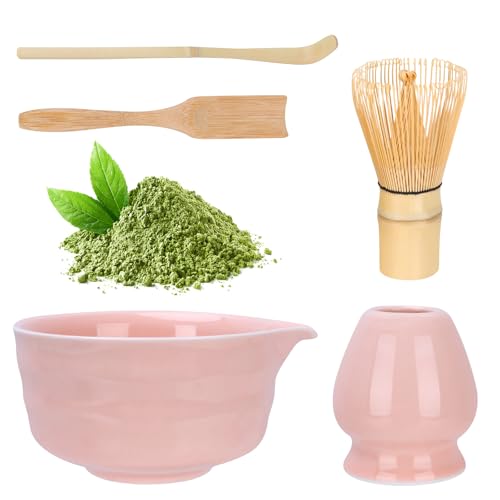 Matcha-Set, Matcha Set Rosa, Matcha-Schüssel mit Ausgießer, Matcha-Rührer und Ständer, Matcha-Löffel, 5-teiliges Japanisches Matcha-Teeservice, Matcha Set Pink für Teeliebhaber von YANGTAI
