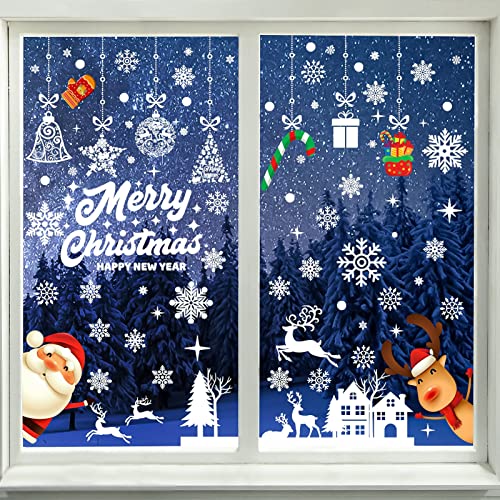 9 Blatt Weihnachten Fensterbilder, Schneeflocken Weihnachten Fensterdeko, Wiederverwendbar PVC Selbstklebend Rentier Weihnachtsmann Aufkleber für Glas Fensterdeko Kinderzimmer von YANGTE