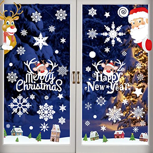 8 Fensterbilder Weihnachten Winter Dekoration Statisch ​Haftende PVC Schneeflocke Weihnachtsmann Elche Fensteraufkleber Wiederverwendbar von YANGTE