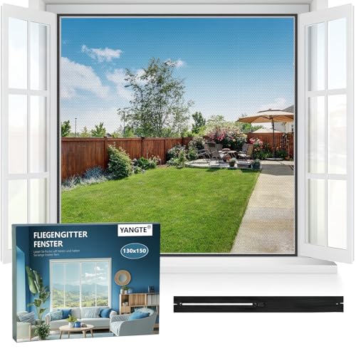 Fliegengitter für Fenster Ohne Bohren -130 x 150 cm Insektenschutz Fliegengitter Zuschneidbar mit Selbstklebendem Klettband und Reißverschluss von YANGTE