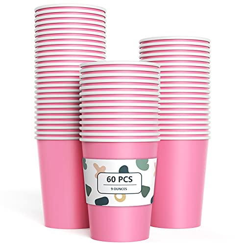 YANGTE 60 Stück Rosa Einweg Pappbecher, 250 ml Weißer Partybecher Biologisch Abbaubar Trinkbecher für Hochzeit, Kinder DIY, Partybedarf, Kaffee, Tee, Heißen und Kalten Getränken von YANGTE