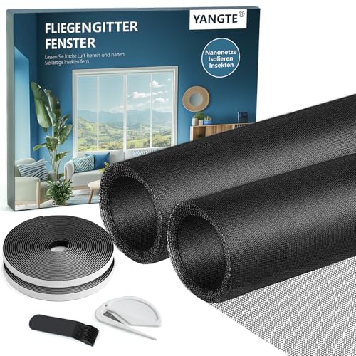 YANGTE Fliegengitter für Fenster (130x150 cm | Schwarz 2er-Pack) Insektenschutz Fenster mit stärkerem Klebstoff Klettverschluss, Fliegengitter & Mückennetz für Fenster ohne Bohren von YANGTE