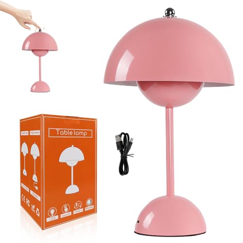 YANGUN LED Flowerpot Tischlampe Kabellos Akku Pilz Lampe, Tischleuchte Dimmbar Pilz ​mit 3 Helligkeitsmodi, Touch Dimmbar Tischleuchte Retro Schreibtischlampe Pilzs für Schlafzimmer, Büro, Bars (Rosa) von YANGUN