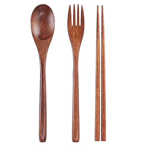 YANGWEN 3pcs Holzbesteck Geschirr, wiederverwendbares Besteck umweltfreundliches Besteck-Set, tragbare Gabel, Löffel, Essstäbchen von YANGWEN