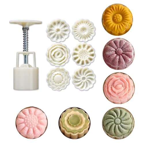 YANGWEN 6X Mondkuchen-Form Set – Mooncake Mold Press mit Blumenmuster (50g, beige) für DIY Kekse, Desserts & asiatische Süßigkeiten von YANGWEN
