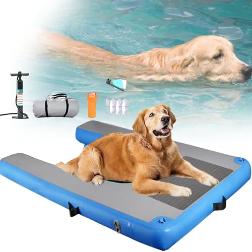 YANGYMM Aufblasbare, ErhöHte Hundebootrampe, Hundepoolrampe für Docks Und Seen, Sichere Und Leicht ZugäNgliche Dockplattform, Hundefloß für Hunde Bis Zu 133 Pfund,Blue-120X90X10cm von YANGYMM