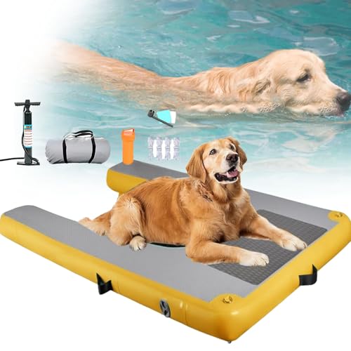 YANGYMM Aufblasbare, ErhöHte Hundebootrampe, Hundepoolrampe für Docks Und Seen, Sichere Und Leicht ZugäNgliche Dockplattform, Hundefloß für Hunde Bis Zu 133 Pfund,Yellow-120X90X10cm von YANGYMM