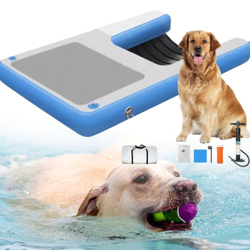 YANGYMM Aufblasbare Hunde-Wasserrampe, Schwimmende Dockleiter für Hunde, Haustier-Wasserplattform für Boot, Pool, Rutschfestes Sicherheits-Schwimmdock für Hunde 60 Pfund,Blue-120X90X10cm von YANGYMM