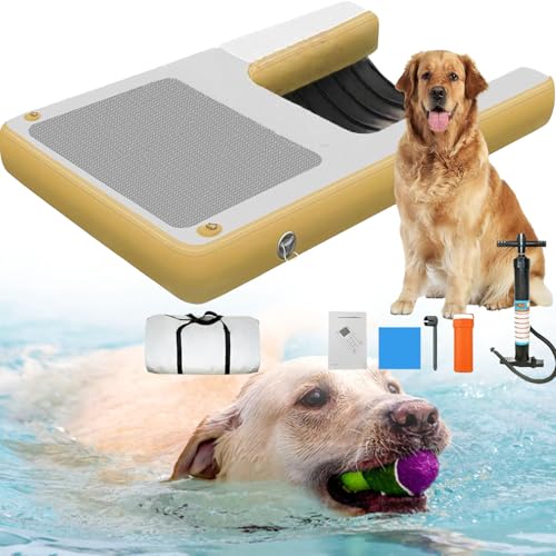YANGYMM Aufblasbare Hunde-Wasserrampe, Schwimmende Dockleiter für Hunde, Haustier-Wasserplattform für Boot, Pool, Rutschfestes Sicherheits-Schwimmdock für Hunde 60 Pfund,Yellow-120X90X10cm von YANGYMM