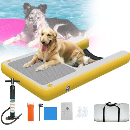 YANGYMM Aufblasbare Hunderampe, schwimmende Matten für See mit Hunderampe, Dock-Hundeboot-Rampen, rutschfestes Sicherheitsschwimmdock für Hunde bis zu 133 lbs,Yellow-120X90X10cm von YANGYMM