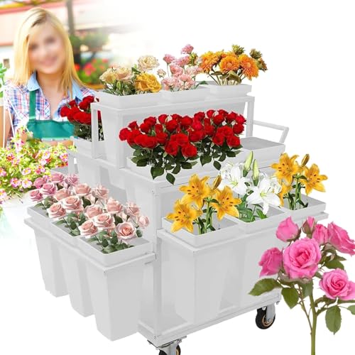 YANGYMM BlumenstäNder für Den AußEnbereich, BlumenstäNder, Faltbarer BlumenstäNder Mit Rollen, mit 18 Eimern Und RäDern, Tragbarer Blumenwagen für Garten- Und Terrassendekoration,White von YANGYMM