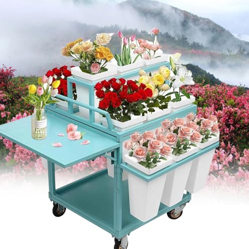 YANGYMM BlumenstäNder für Den AußEnbereich, Inklusive 18 Eimern Und Sonnenschirmen, BlumenwagenstäNder Aus Metall mit RäDern, für BlumenläDen, GäRten Und Gewerbliche MäRkte,Green von YANGYMM