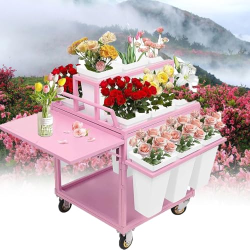 YANGYMM BlumenstäNder für Den AußEnbereich, Inklusive 18 Eimern Und Sonnenschirmen, BlumenwagenstäNder Aus Metall mit RäDern, für BlumenläDen, GäRten Und Gewerbliche MäRkte,Pink von YANGYMM
