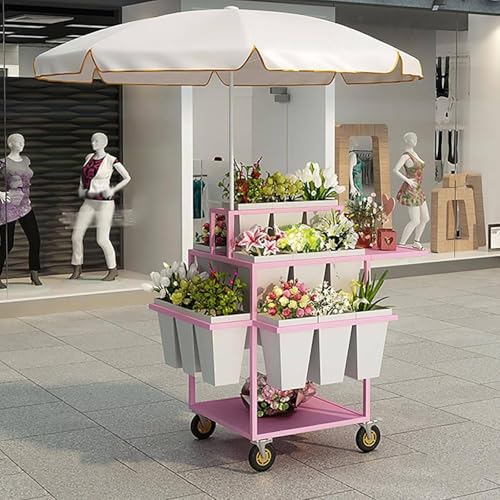 YANGYMM BlumenstäNder mit RäDern, 6-StöCkiger Rollwagen mit 18 Eimern, Mobiles BlumenstraußRegal für Floristen, Bewegliches Regal, für Floristen Und BlumenläDen, Garten Und Terrasse Im Freien,Pink von YANGYMM