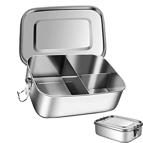 YANJIY Rechteckige Brotdose, Brotzeitdose Mit Trennwänd, Frischhaltedosen Auslaufsicher Edelstahl, Auslaufsicher Lunchbox, Brotdose Edelstahl 1000ml 3 Fächer, für Schule, Arbeit, Picknick (Silber) von YANJIY