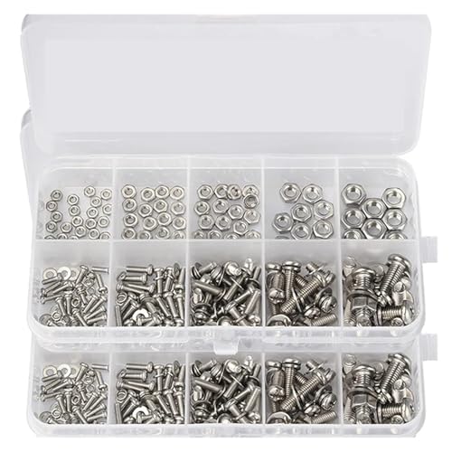 Schrauben Muttern Set Edelstahl-Flachkopfschrauben-Muttern-Sortiment-Kit Runde flache Kappe Metallmutternschrauben Unterlegscheiben-Set M2 M2.5 M3 M4 M5 Schraubenset(640pcs (2 box)) von YANSHUYU