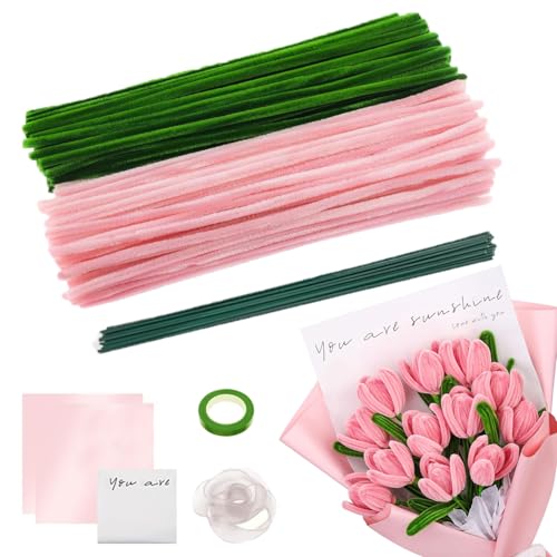 Pfeifenreiniger Blumen Set, 200 Stück Pfeifenputzer zum Basteln, Pfeifenreiniger zum Basteln, mit Blumendraht, Schleifenband, Blumen Staubblatt für Blumenstrauß DIY Dekorationen von YANXINKE