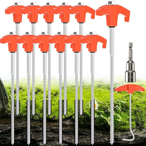 YAOBLUESEA 12Pcs Schraubheringe Zelt-Heringe aus Stahl Camping Zeltheringe Set Heringe Erdnägel Stabil Zelt Erdanker 25CM Mit Camping Heringe Zieher 13MM Sechskantbohrer für harten Boden Wald Gras von YAOBLUESEA
