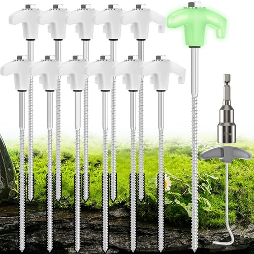 YAOBLUESEA 12Pcs Schraubheringe Zelt-Heringe aus Stahl Camping Zeltheringe Set Heringe Erdnägel Stabil Zelt Erdanker 25CM Mit Camping Heringe Zieher 13MM Sechskantbohrer für harten Boden Wald Gras von YAOBLUESEA