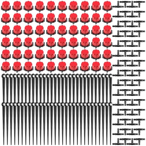 YAOBLUESEA 180 Stücke Automatische Garten Tropf Bewässerung Ersatzteile Set, 60pcs Verstellbarer Tropfer + 60pcs T-Anschluss + 60pcs Schlauch Halterung, für Garten, Rasen, Gewächshaus, Rot von YAOBLUESEA