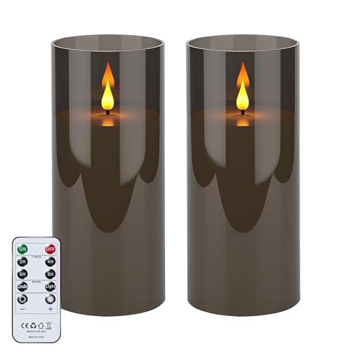 YAOBLUESEA 2 Stück Wasserdichte Flammenlose Kerzen mit Fernbedienung und Timer, Große Flackernde LED Kerzen für Patio Garten, 10cm x 22.5cm, Grau von YAOBLUESEA
