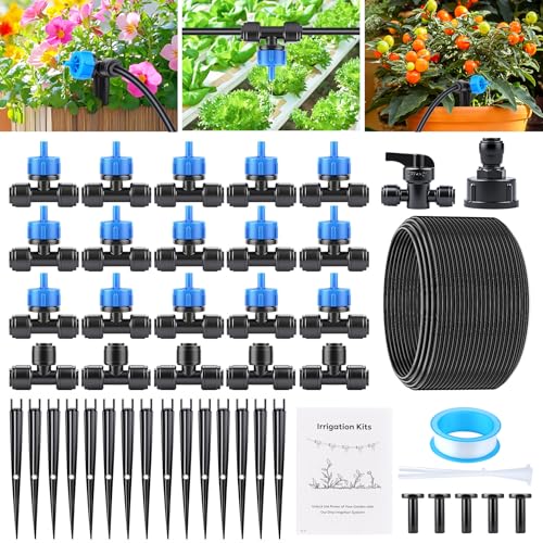 YAOBLUESEA Druckkompensierte Tropfbewässerung System Kit, Wassersparende Bewässerung Garten Set, 60pcs Zubehörteile (mit 15 Tropfspitze u. 20m Schlauch) für Garten, Balkon, Blumentopf YAOBLUESEA Druckkompensierte Tropfbewässerung System Kit, Wassersparende Bewässerung Garten Set, 60pcs Zubehörteile (mit 15 Tropfspitze u. 20m Schlauch) für Garten, Balkon, Blumentopf von YAOBLUESEA