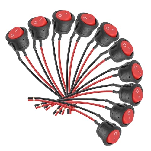 YAODHAOD 10 Stück 12V Wippschalter SPST Switch 10 A/125 V, 6 A/250 V Rocker Kippschalter (mit Draht) Runde Schalter Wippschalter Button für Truck Jeep Off Road Boat Marine (rot) von YAODHAOD