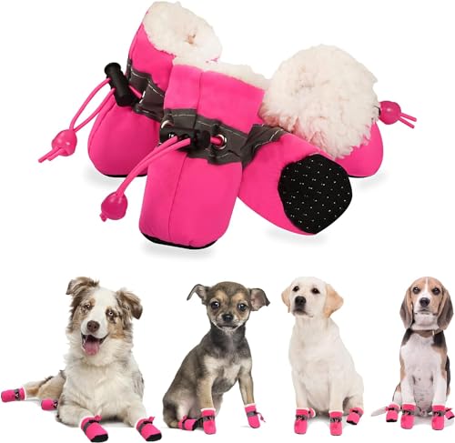 YAODHAOD Pfotenschutz für Hunde,Plüsch Hundestiefel, Bequeme Atmungsaktive, rutschfeste Schuhe, Weiche Sohle mit Reflektierendem Klebeband, Geeignet für kleine Hunde(Größe 7: 6 x 5 cm L*W, Rosa) von YAODHAOD