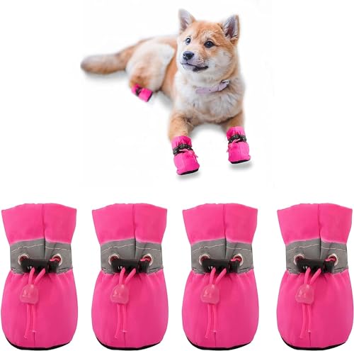 YAODHAOD Hundestiefel Pfotenschutz, Anti-Rutsch-Hundeschuhe Diese bequemen, weichen Sohle sind mit reflektierenden Riemen für kleine Hunde (4: L 4.5 cm*W 4 cm, Rosa) von YAODHAOD