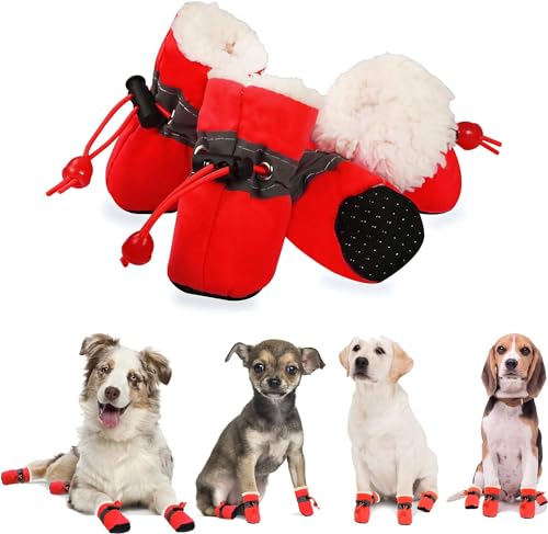 YAODHAOD Pfotenschutz für Hunde,Plüsch Hundestiefel, Bequeme Atmungsaktive, rutschfeste Schuhe, Weiche Sohle mit Reflektierendem Klebeband, Geeignet für kleine Hunde(Größe 5: 5 x 4 cm L*W, Rot) von YAODHAOD