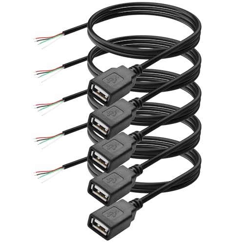 YAODHAOD USB A auf blankes Kabel 5 Stück, 1M 22AWG 5V 3A, für Strom- und Datenübertragung, Pigtail, Reparaturdose am Schwanz,Kabel,DIY (Datenkabel 24AWG, USB A Buchse) von YAODHAOD